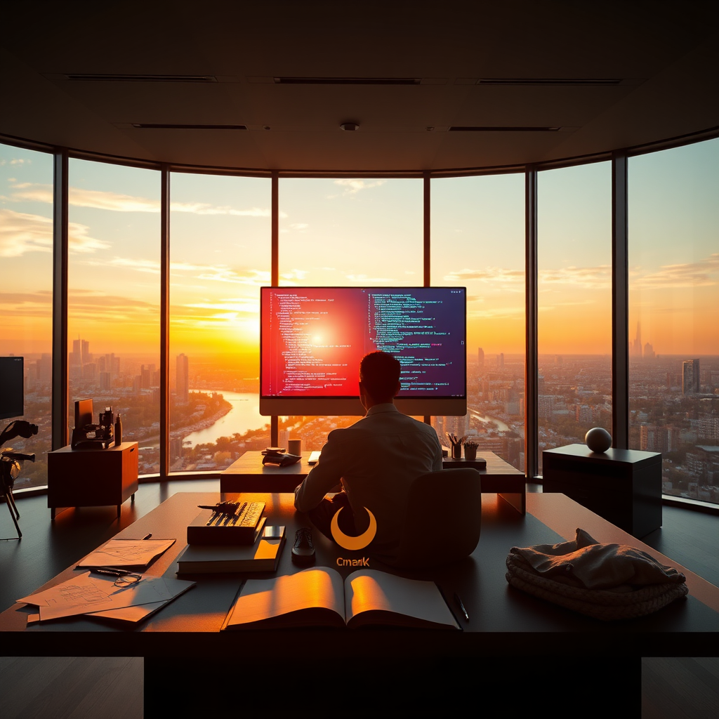 A breathtaking, photorealistic 8K image showcasing the creation of a website. The scene should depict a sleek, modern office space bathed in soft, diffused light, emanating from large windows overlooking a vibrant cityscape at sunset. At the center, a designer sits at a large monitor, code elegantly displayed, seemingly floating in the air. The monitor should reflect the colorful, dynamic interface of a nearly-completed website. Surrounding the designer are subtle elements - sketches, UI/UX wireframes, and design books - all hinting at the creative process. Use a muted color palette with pops of vibrant blues, greens, and oranges reflected from the website display. The camera angle should be slightly low, giving a sense of grandeur and innovation. Add textures such as brushed metal, polished wood, and soft fabric to enhance realism. Aim for a hyperrealistic style, evocative of a professional photography shoot, emphasizing detail and visual appeal. A subtle holographic projection of the Cmark Websites logo could also be incorporated. The image should evoke feelings of creativity, innovation, and professionalism.