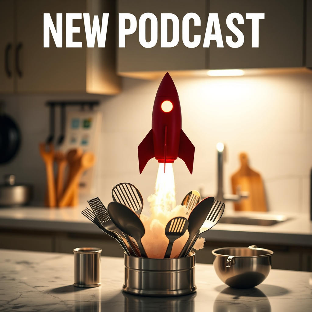 A brightly lit scene showing a rocket lifting off from a kitchen countertop, symbolizing the launch of a new podcast. Kitchen utensils are creatively arranged to resemble a launchpad. The overall tone is encouraging and energetic.
