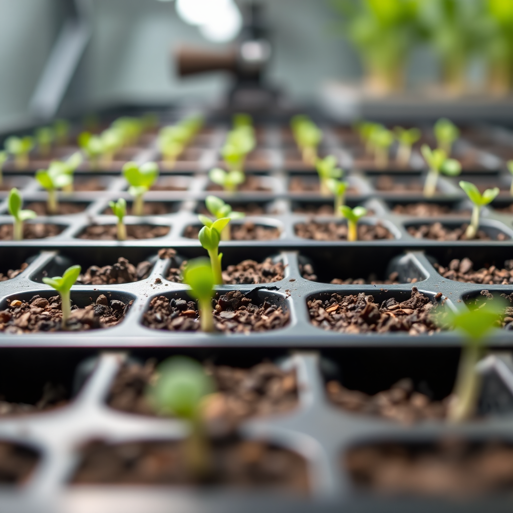 A brightly lit seed starting tray with rows of seedlings just beginning to sprout. Focus on the delicate green shoots emerging from the soil. Soft, diffused lighting. Technical specs: 4K resolution, macro lens, shallow depth of field.