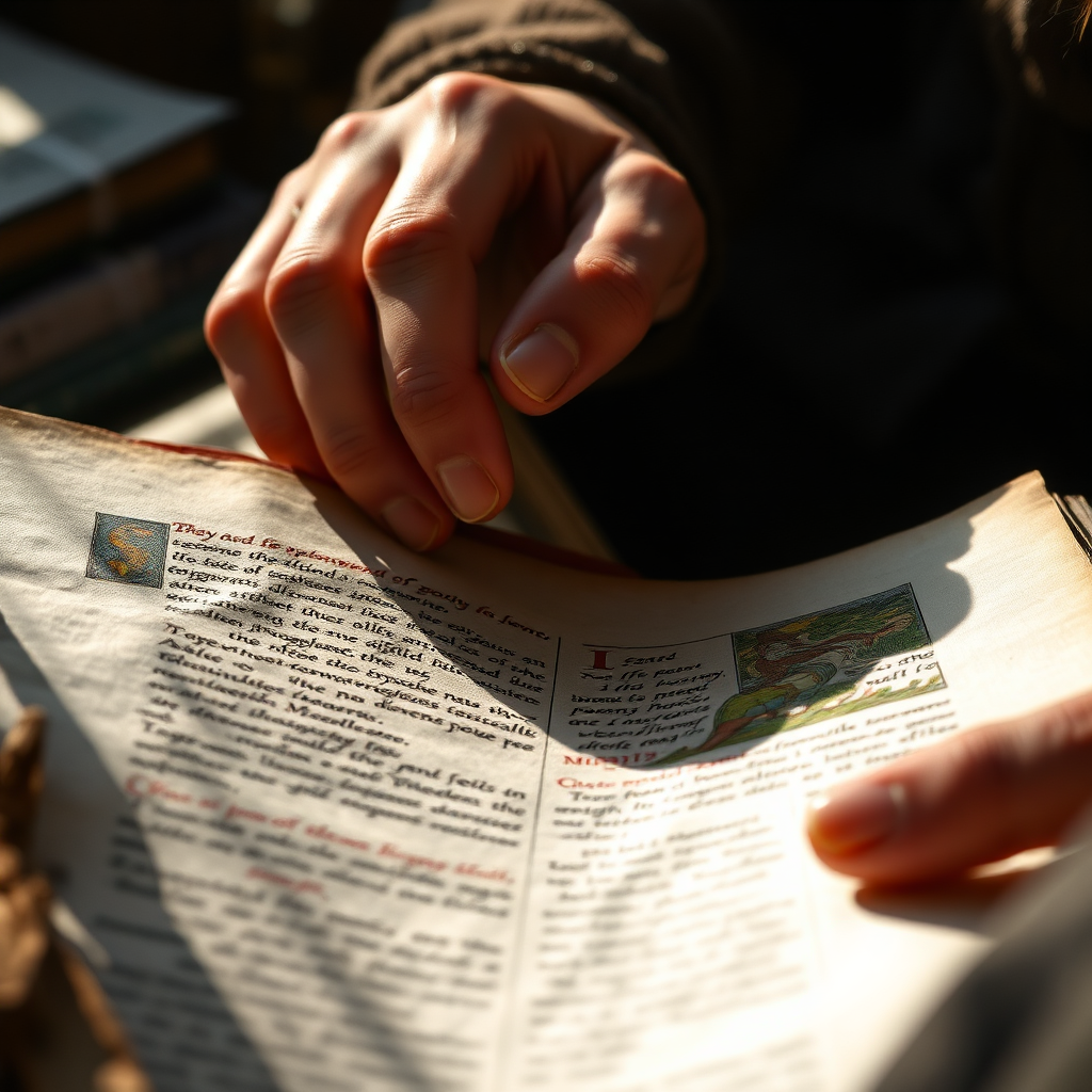 Hands turning pages of an illuminated manuscript.