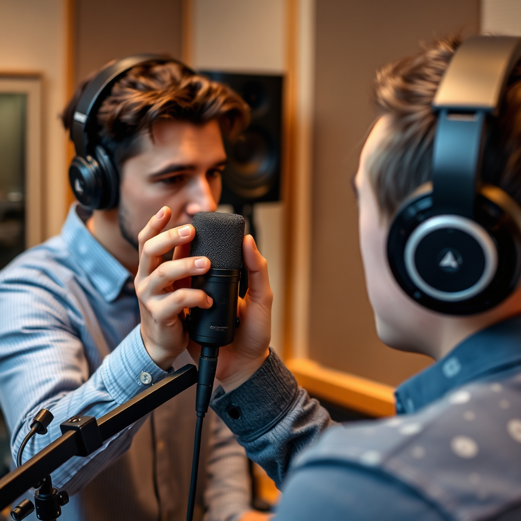 A close-up of a person receiving coaching on microphone technique, with a focus on posture, tone, and clarity, within a professional recording studio setting.