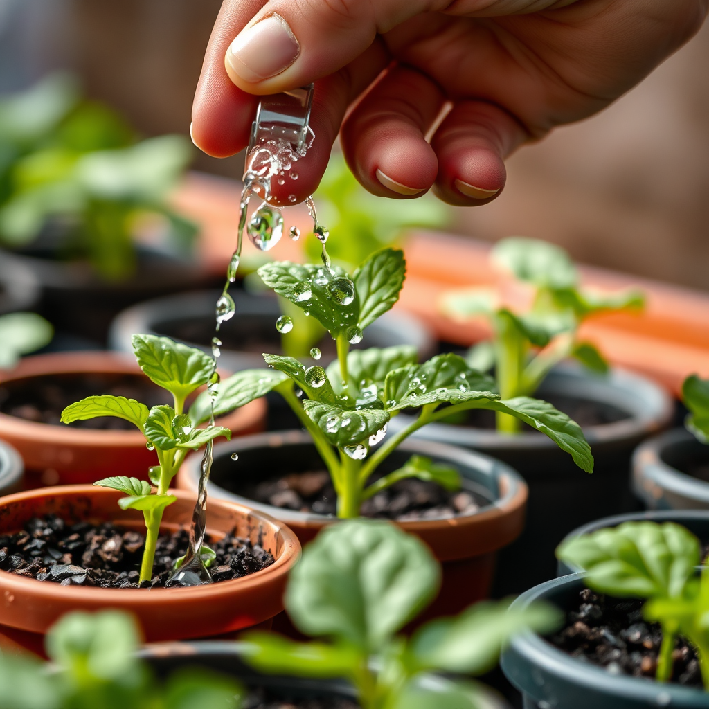 A close-up shot of a hand gently watering vegetable plants in containers. The water droplets glisten on the leaves, emphasizing the importance of hydration. The background is blurred to focus on the watering process. Technical specs: 4K resolution, macro photography, shallow depth of field.