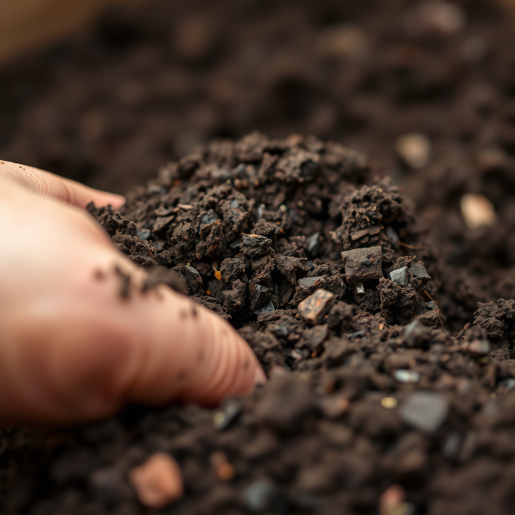 A close-up shot of a hand sifting through rich, dark potting mix. The texture of the soil is clearly visible, highlighting its quality. The background is blurred to focus on the soil. Technical specs: 4K resolution, macro photography, shallow depth of field.