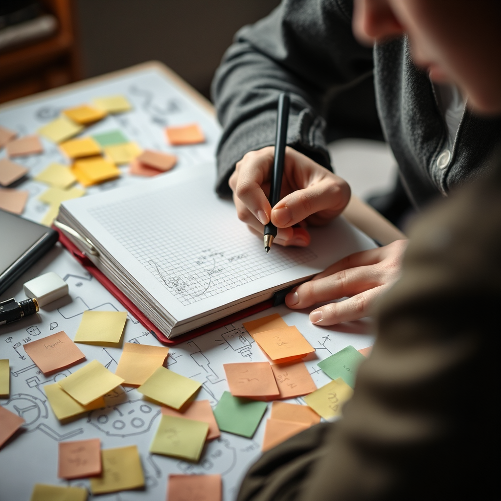 A close-up shot of a person thoughtfully writing in a notebook, surrounded by scattered ideas and sticky notes. The lighting is soft and focused, emphasizing the creative process.