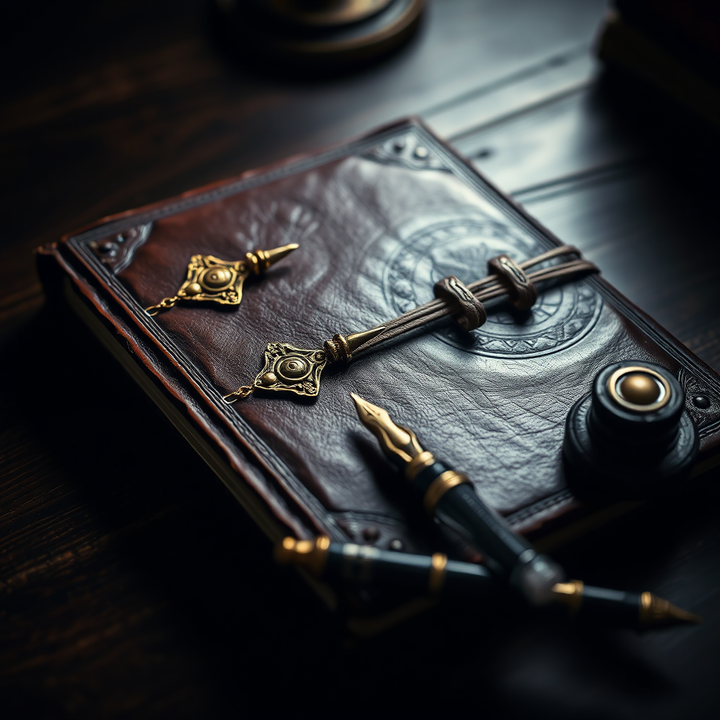 Antique journal and fountain pen on a desk.