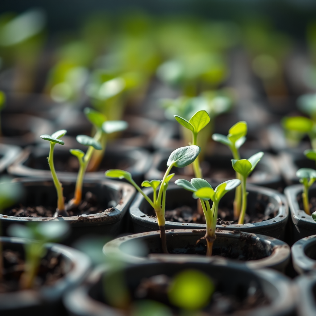 A close-up shot of various vegetable seedlings sprouting in small starter pots. Focus on the vibrant green leaves and healthy root systems. The background is blurred to emphasize the seedlings. Lighting is soft and natural, highlighting the delicate nature of the plants. Technical specs: 4K resolution, macro photography, shallow depth of field.