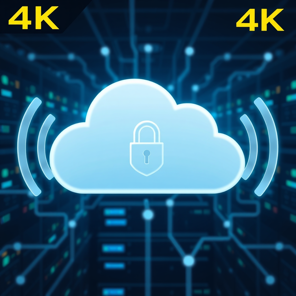 A cloud icon representing secure data storage, with sound waves emanating from it. The background is a network of interconnected servers. Technical specs: 4K resolution, clean design.