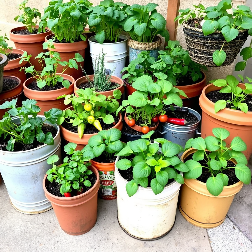 A collection of diverse containers filled with various vegetable plants. The containers include terracotta pots, repurposed buckets, and hanging baskets. The plants are healthy and thriving, demonstrating the versatility of container gardening. Technical specs: 4K resolution, wide-angle shot, natural lighting.