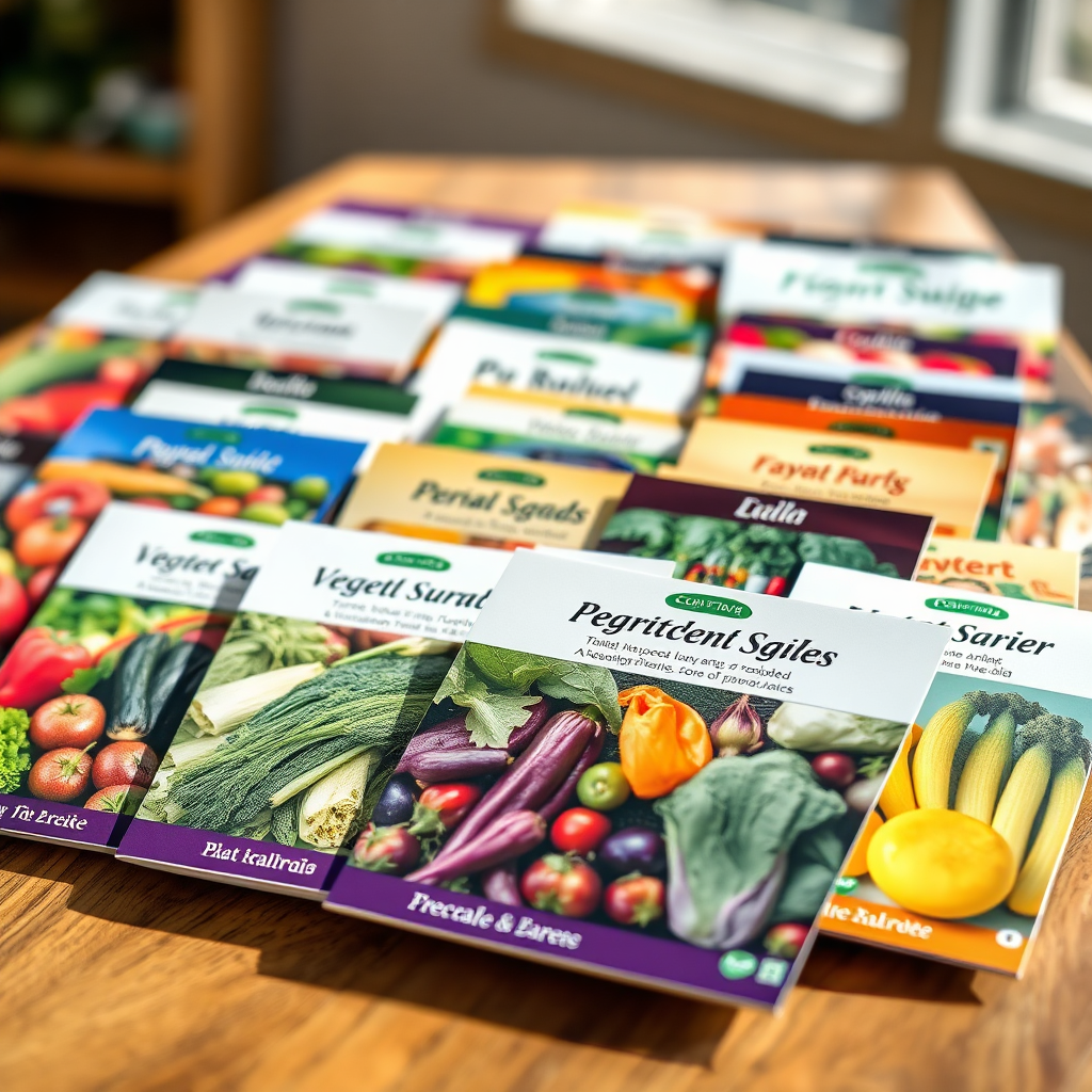 A colorful display of seed packets featuring various vegetable varieties suitable for Zone 10. The packets are arranged neatly on a wooden table. Natural, bright lighting. Technical specs: 4K resolution, product photography, shallow depth of field.