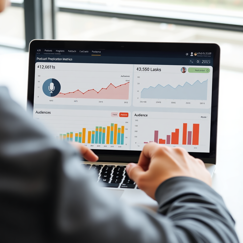 A consultant reviewing podcast performance metrics on a laptop, with a focus on graphs and charts that illustrate growth and audience engagement.