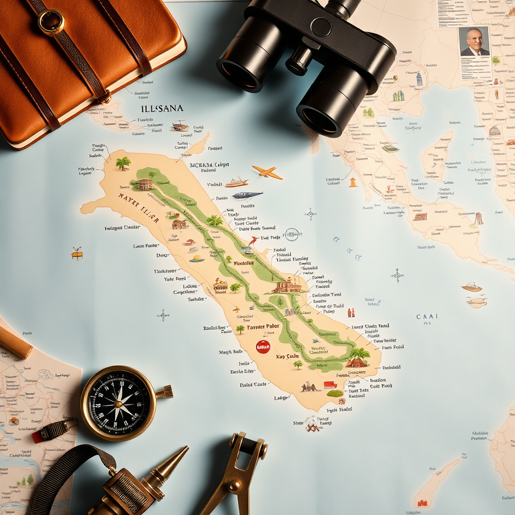 A detailed map of a luxurious travel destination, such as a tropical island or a European city. Key landmarks and attractions are highlighted. A compass, a pair of binoculars, and a travel journal are placed nearby. The lighting is soft and inviting, creating a sense of adventure and exploration. The color palette is rich and vibrant, reflecting the cultural diversity of the destination. The camera angle is an overhead shot, capturing the scale and scope of the itinerary.