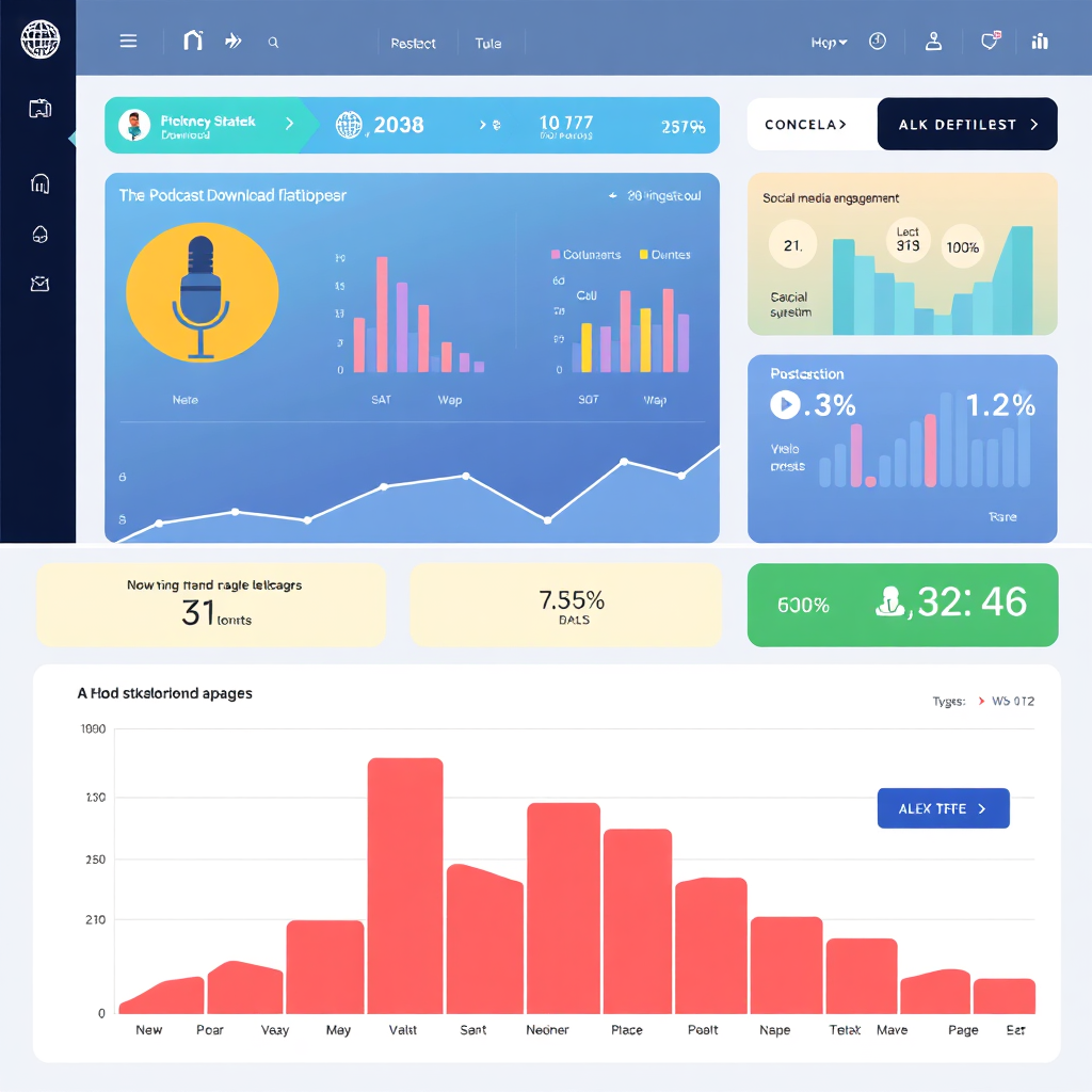 A digital marketing dashboard displaying podcast download statistics and social media engagement metrics. The color palette is vibrant and data-driven. Technical specs: 4K resolution, clean design.