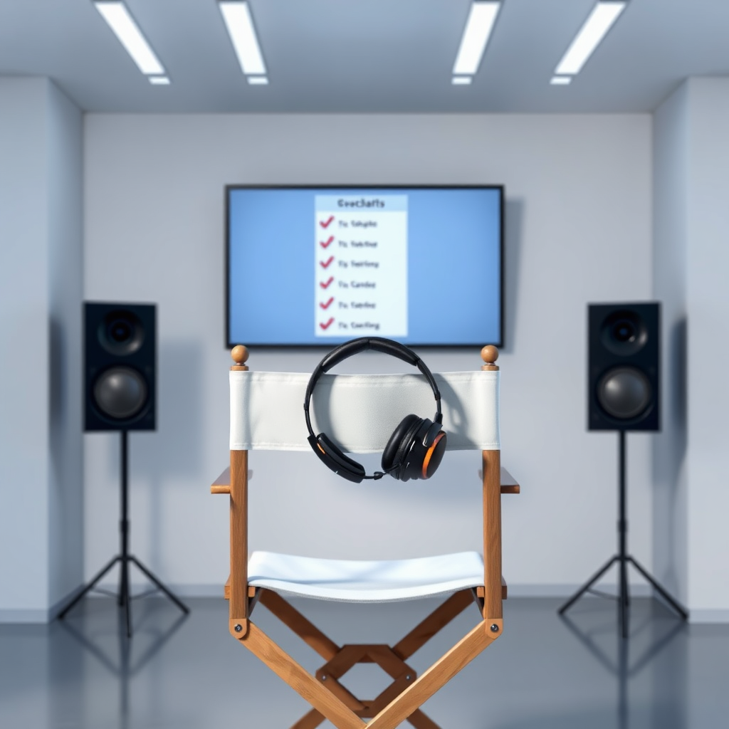 A director's chair with a headset draped over it, positioned in front of a digital screen displaying a checklist. The setting is a modern, minimalist virtual studio.