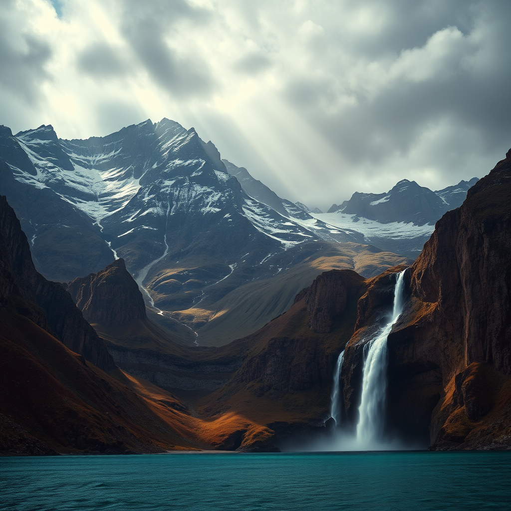 A dramatic landscape showcasing a breathtaking natural wonder. A majestic mountain range, a pristine waterfall, or a secluded beach are featured. The lighting is dramatic and awe-inspiring, capturing the scale and grandeur of the landscape. The color palette is rich and vibrant, reflecting the natural beauty of the environment. The camera angle is a wide shot, capturing the vastness and majesty of the scene.