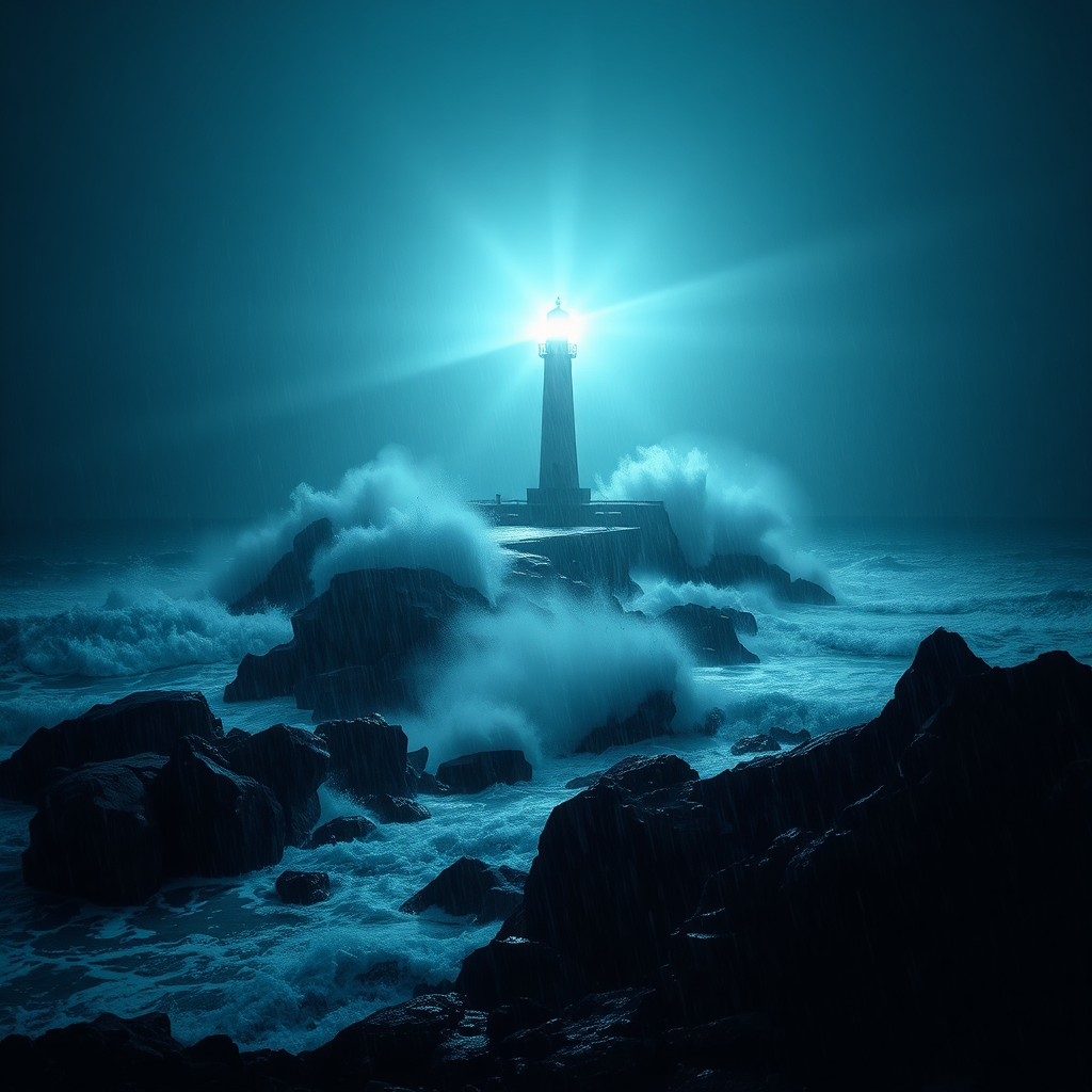 Lighthouse beam cutting through a stormy night.
