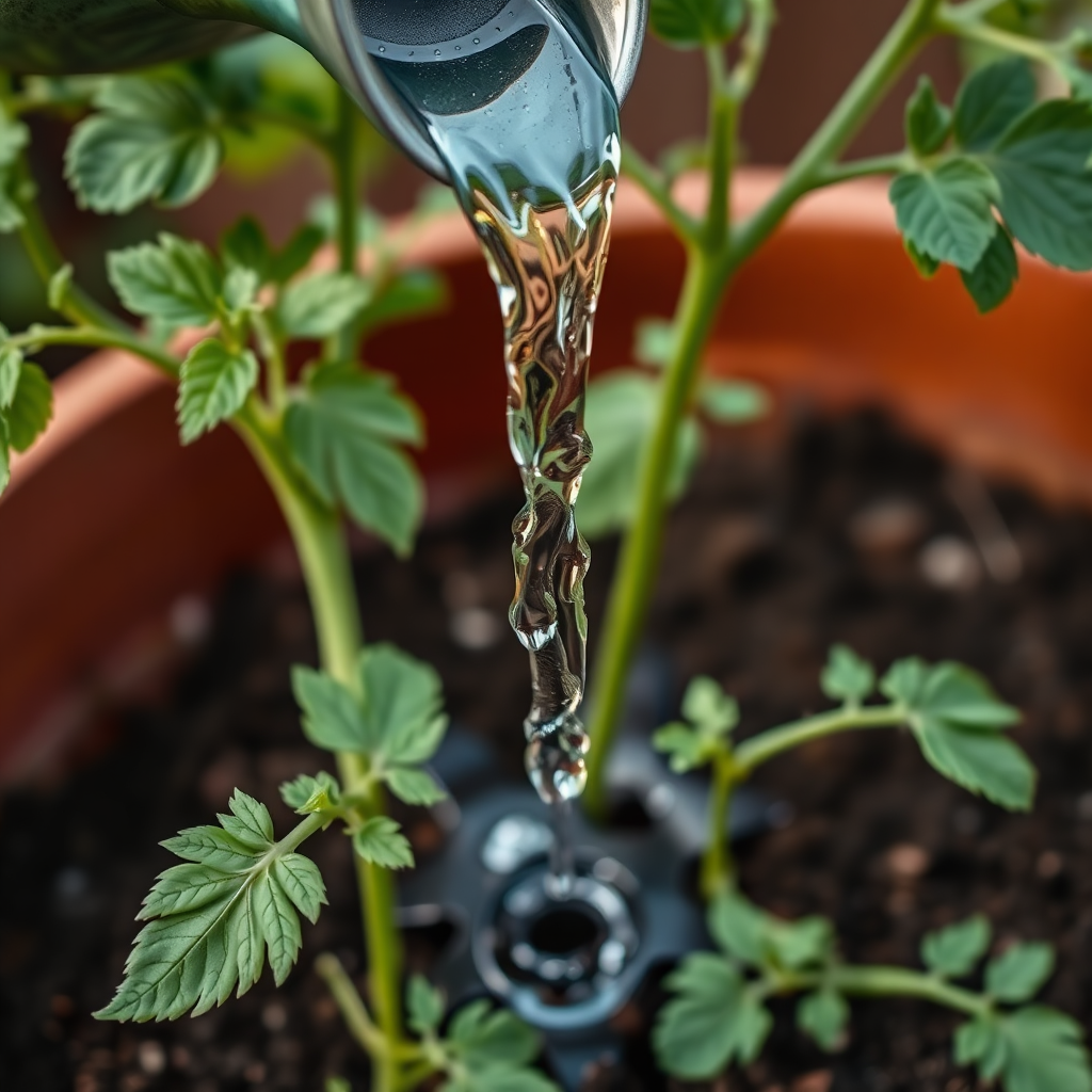 A gentle stream of water being poured from a watering can onto the base of a tomato plant in a container. Focus on the water soaking into the soil. Natural lighting. Technical specs: 4K resolution, medium shot, shallow depth of field.