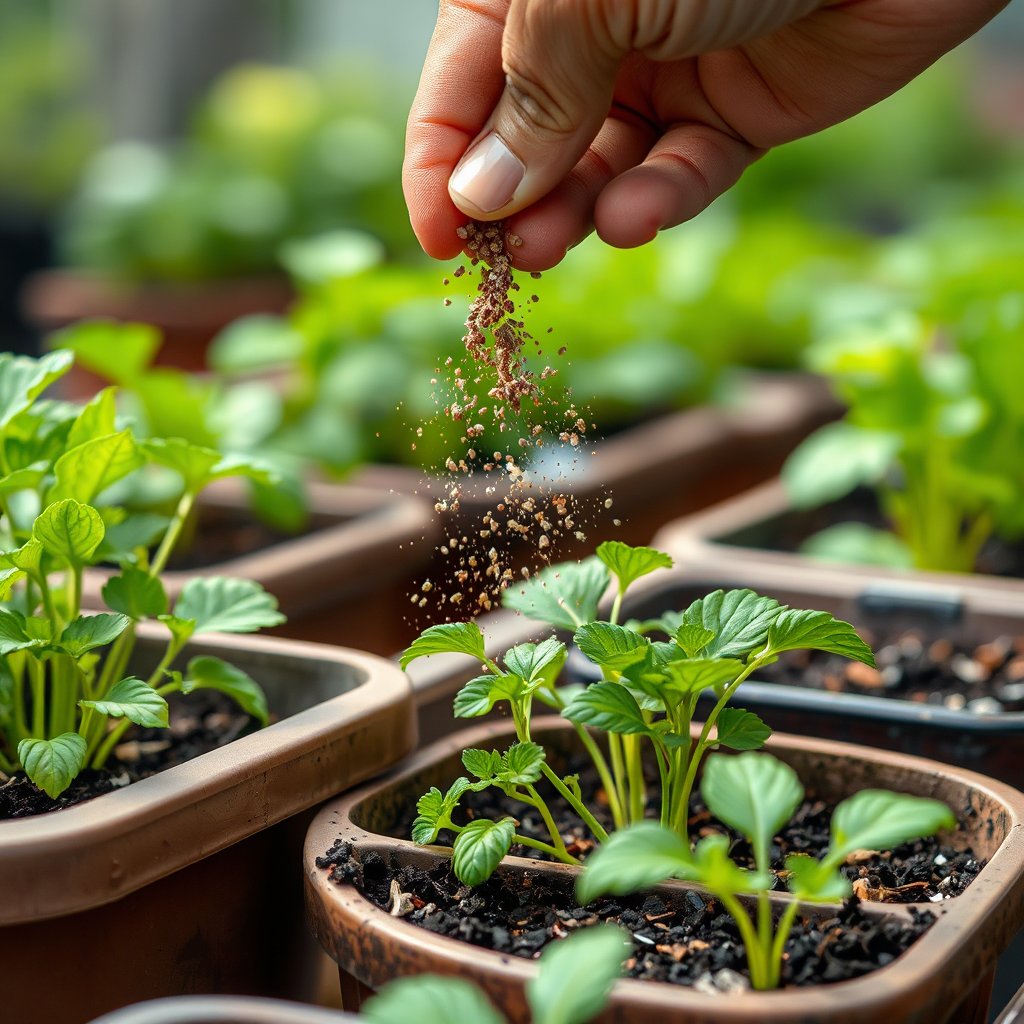 A hand sprinkling organic fertilizer around the base of vegetable plants in containers. The fertilizer granules are visible, emphasizing the importance of nutrients. The background is blurred to focus on the fertilization process. Technical specs: 4K resolution, macro photography, shallow depth of field.