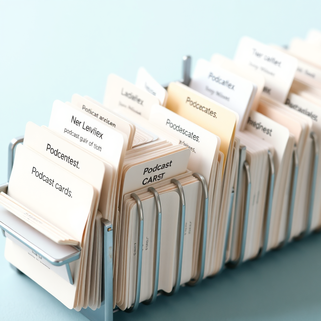 A high-quality image depicting a rolodex filled with cards representing potential podcast guests, arranged in an organized and appealing manner.