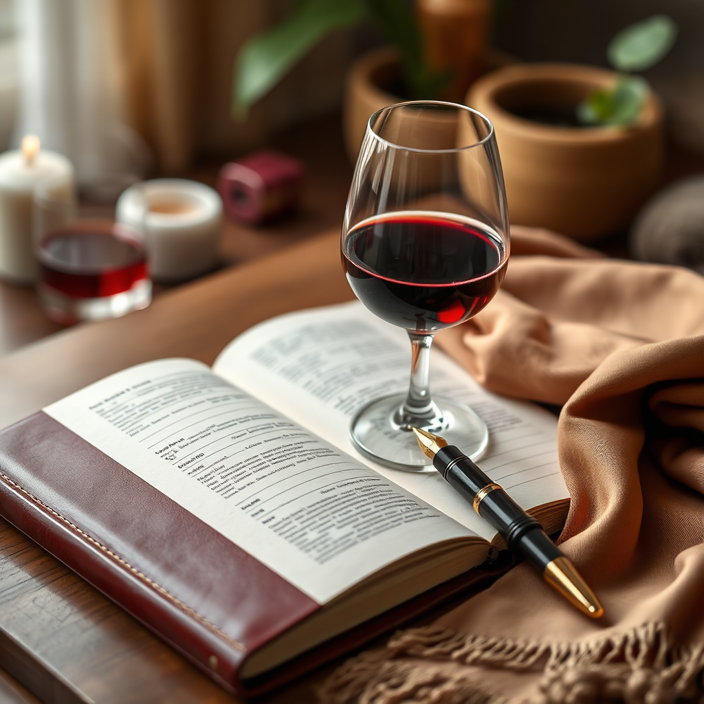 A high-quality, photorealistic image showcasing a curated collection of luxury items. A leather-bound travel journal lies open, next to a delicate wine glass filled with ruby-red wine. Beside it, a silk scarf drapes elegantly, with a high-end fountain pen resting nearby. In the soft-focus background, hint at a luxurious spa environment with diffused lighting and natural elements. The color palette focuses on rich, warm tones – deep reds, soft golds, and natural greens. The composition creates a sense of understated elegance and invites exploration. Camera angle is a close-up, focusing on textures and details. The overall style is reminiscent of a sophisticated lifestyle magazine spread. Technical specifications: 4K resolution, shallow depth of field to emphasize key elements.