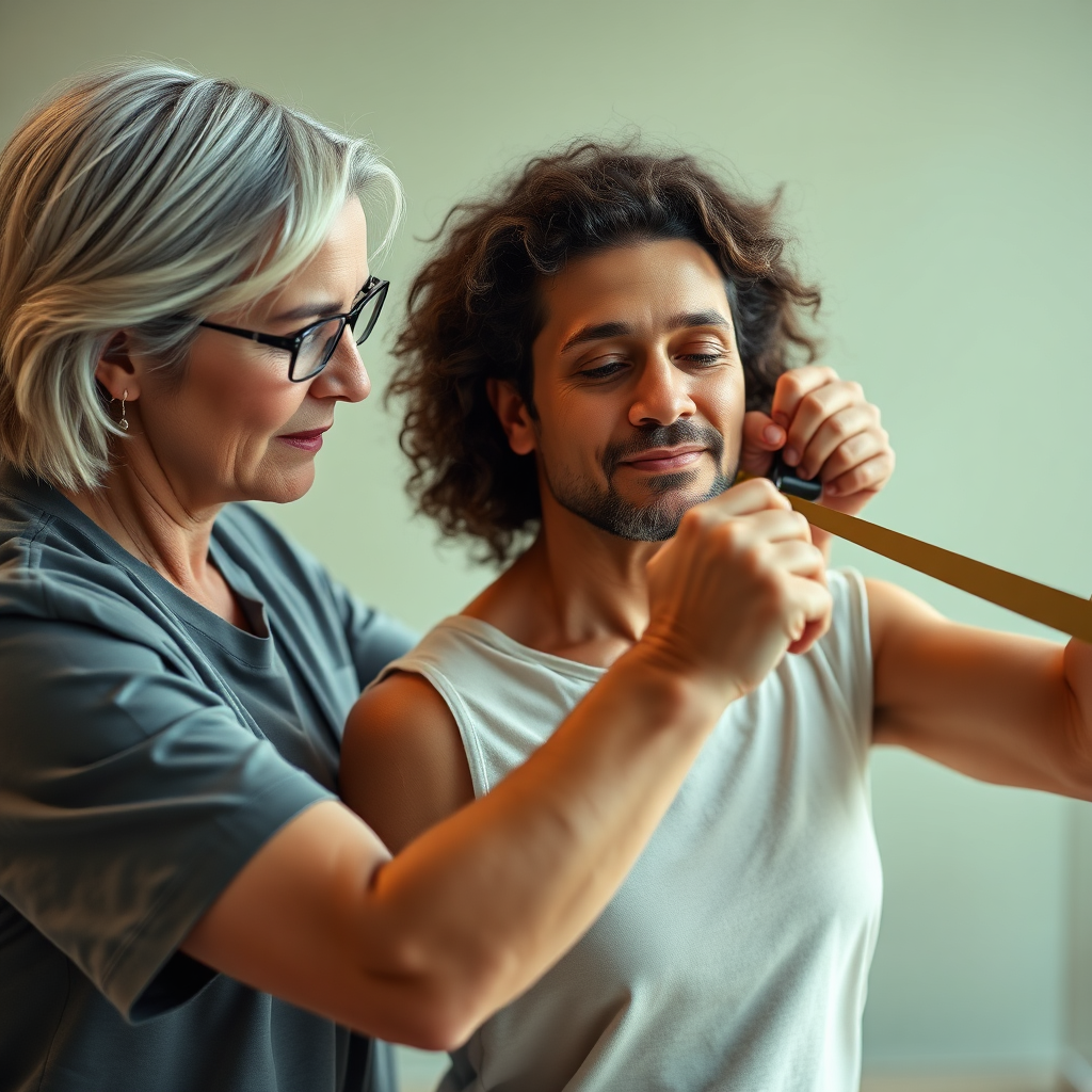 A photorealistic 4K image showing a physical therapist guiding a patient through an isometric exercise with an exercise band. Focus on the supportive and healing aspects of the scene. Use soft, warm lighting to create a sense of comfort and care. The color palette should be calming and neutral, with earthy tones and greens. The camera angle is medium, capturing the interaction between the therapist and patient. The style is supportive and rehabilitative, highlighting the use of isometrics in recovery.