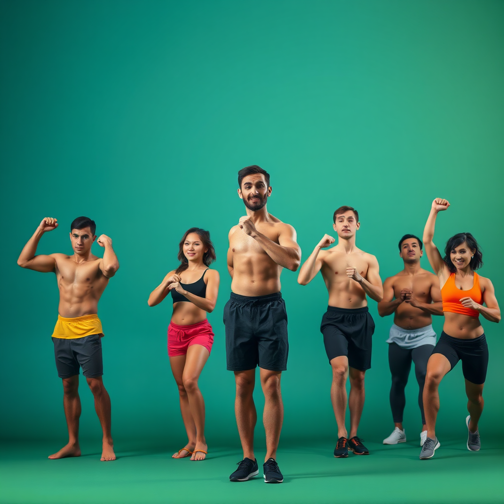 A photorealistic 8K resolution image showcasing a diverse group of individuals performing various isometric exercises. The composition should be dynamic, with each person demonstrating a different pose against solid colored gradient background that transitions from a deep forest green at the bottom to a sky blue at the top. Lighting should be soft and diffused, highlighting the muscle definition and focused expressions of the subjects. Camera angle should be slightly low, emphasizing the strength and stability. Textures should be detailed, capturing the fabric of the workout clothes and the subtle tension in the muscles. Props such as exercise bands and simple walls could be incorporated to enhance the exercises. The overall style should be modern and motivational, reminiscent of fitness magazine covers, with hyperrealistic rendering. The colors must evoke health, vitality, and longevity. 