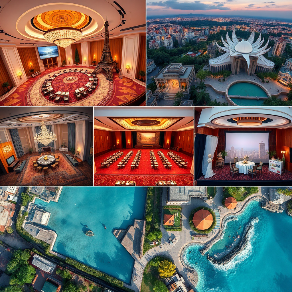 A photorealistic aerial view of a diverse selection of event venues around the world: a luxurious ballroom in Paris, a modern conference center in Tokyo, a scenic outdoor setting in Bali. The lighting should be warm and inviting, showcasing the beauty of each location. The camera angle is a high-angle wide shot, capturing the variety of venues. Style: luxurious, global, scenic. Technical specs: 4K resolution, high quality, aerial perspective.