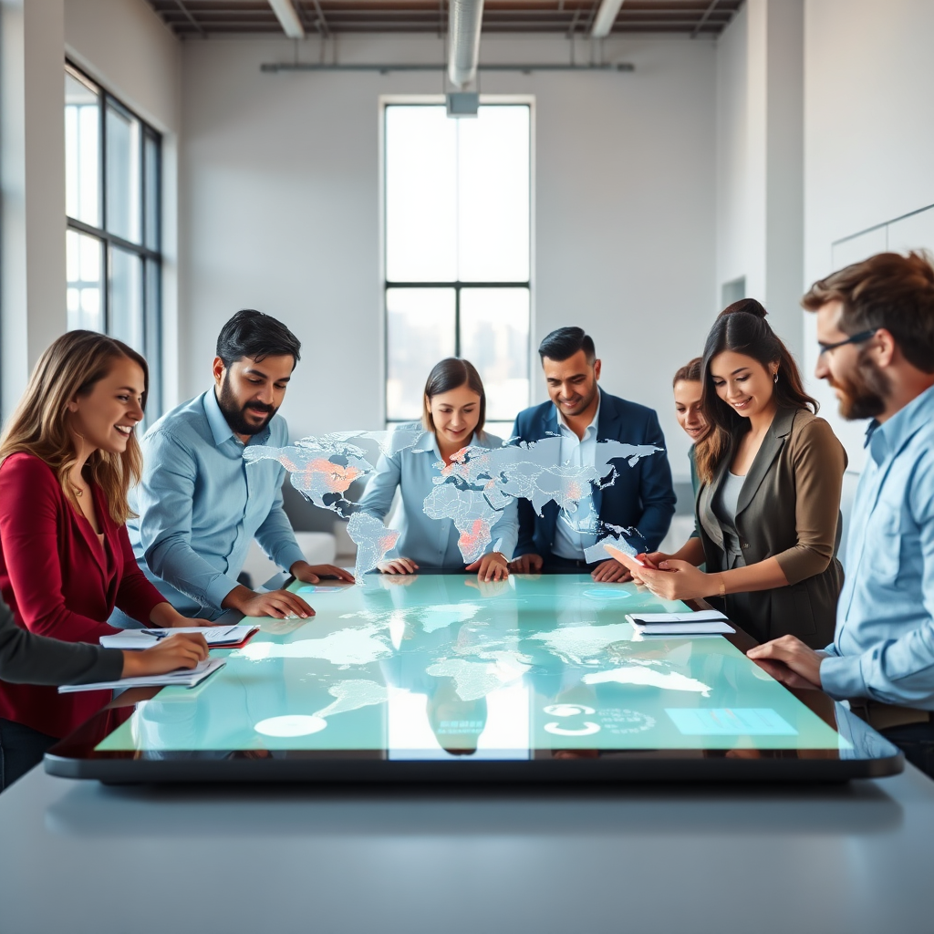 A photorealistic image depicting a team of diverse professionals collaborating around a large interactive table. The table displays a holographic projection of a world map with highlighted locations. The atmosphere is bright, modern, and collaborative. Soft, natural light fills the room, emphasizing the team's focus and energy. The camera angle is a medium shot, capturing the team's interaction and the details of the holographic display. Texture details include the sleek surface of the table, the high-resolution projection, and the professional attire of the team members. Environment: a modern, open-plan office space. Props: holographic world map, interactive displays, professional documents. Style: collaborative, innovative, global. Technical specs: 4K resolution, high quality, natural lighting.
