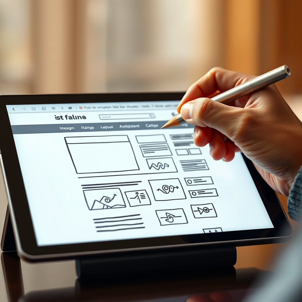 A photorealistic image depicting a hand drawing a website layout on a digital tablet. The tablet screen displays the evolving design of a modern website, with various elements like images, text, and navigation bars being sketched. The background is blurred, suggesting a focus on the creative process. Use a warm, inviting color palette. The image conveys the idea of turning a concept into a tangible online presence.