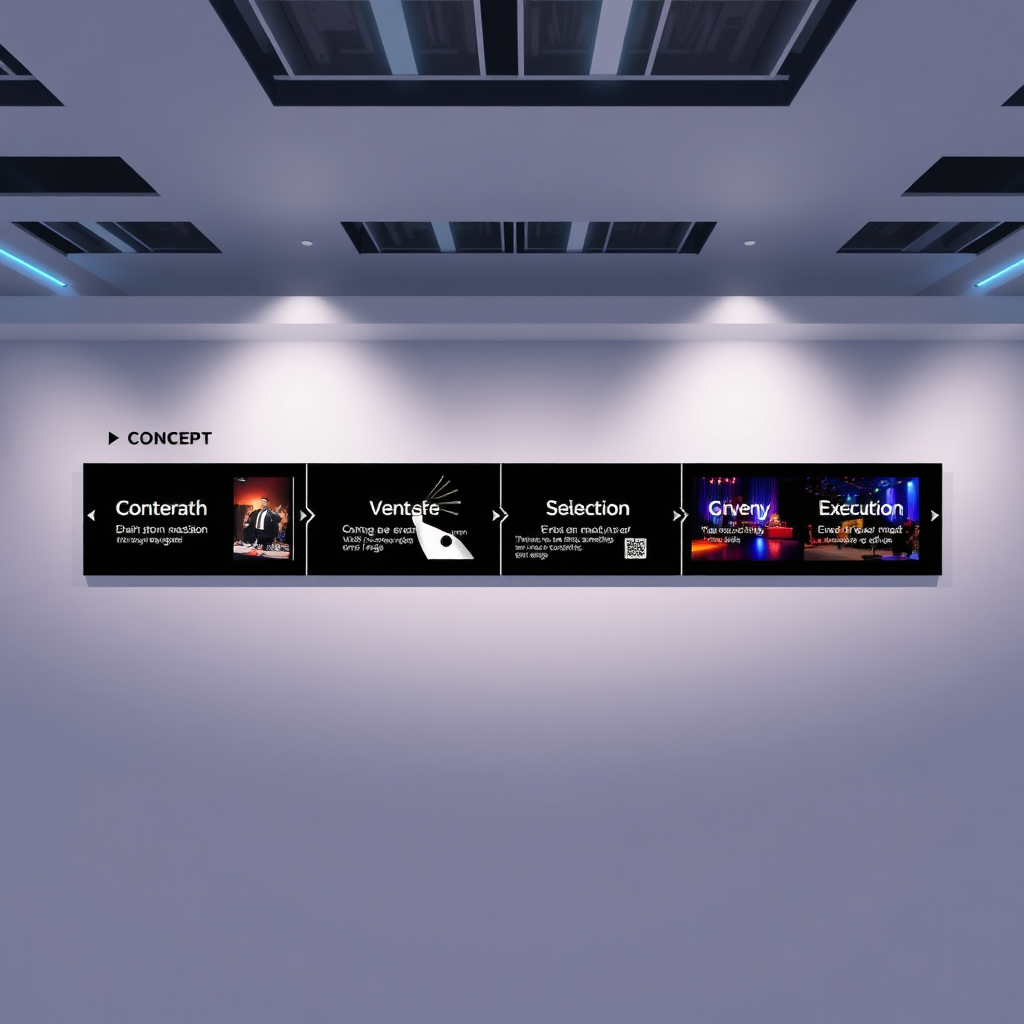 A photorealistic image depicting a timeline of event planning stages, from concept to execution. Each stage is represented by a visual element (brainstorming session, venue selection, event setup). The lighting is bright and dynamic, highlighting the different stages. The camera angle is a wide shot, capturing the entire timeline. Style: modern, professional, dynamic. Technical specs: 4K resolution, high quality, timeline display.