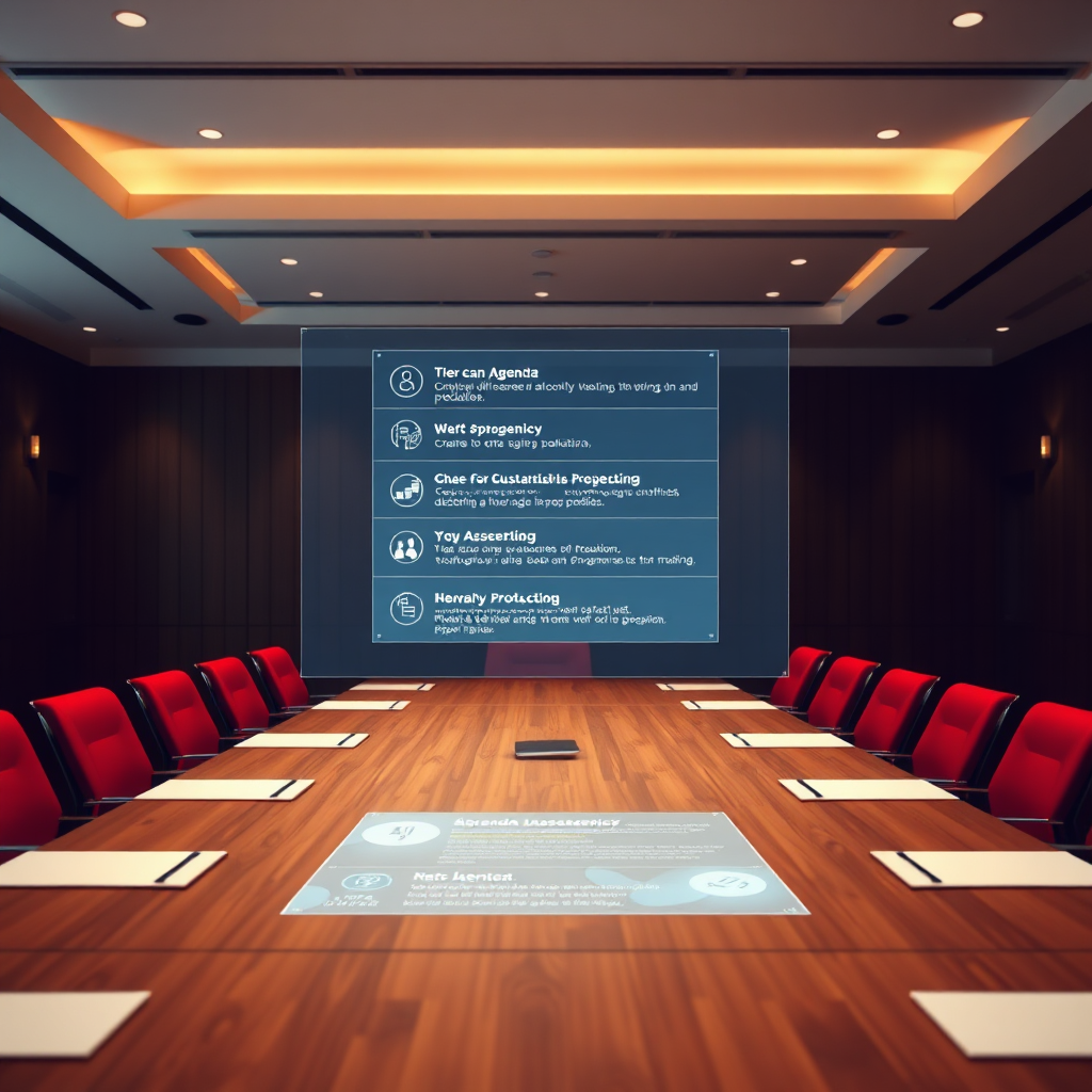 A photorealistic image of a conference table with a holographic projection displaying an event agenda. The agenda points are interactive and visually engaging, with icons and short descriptions. The lighting is soft and professional, highlighting the details of the agenda. The camera angle is a medium shot, capturing the table and the holographic projection. Style: modern, professional, interactive. Technical specs: 4K resolution, high quality, holographic display.