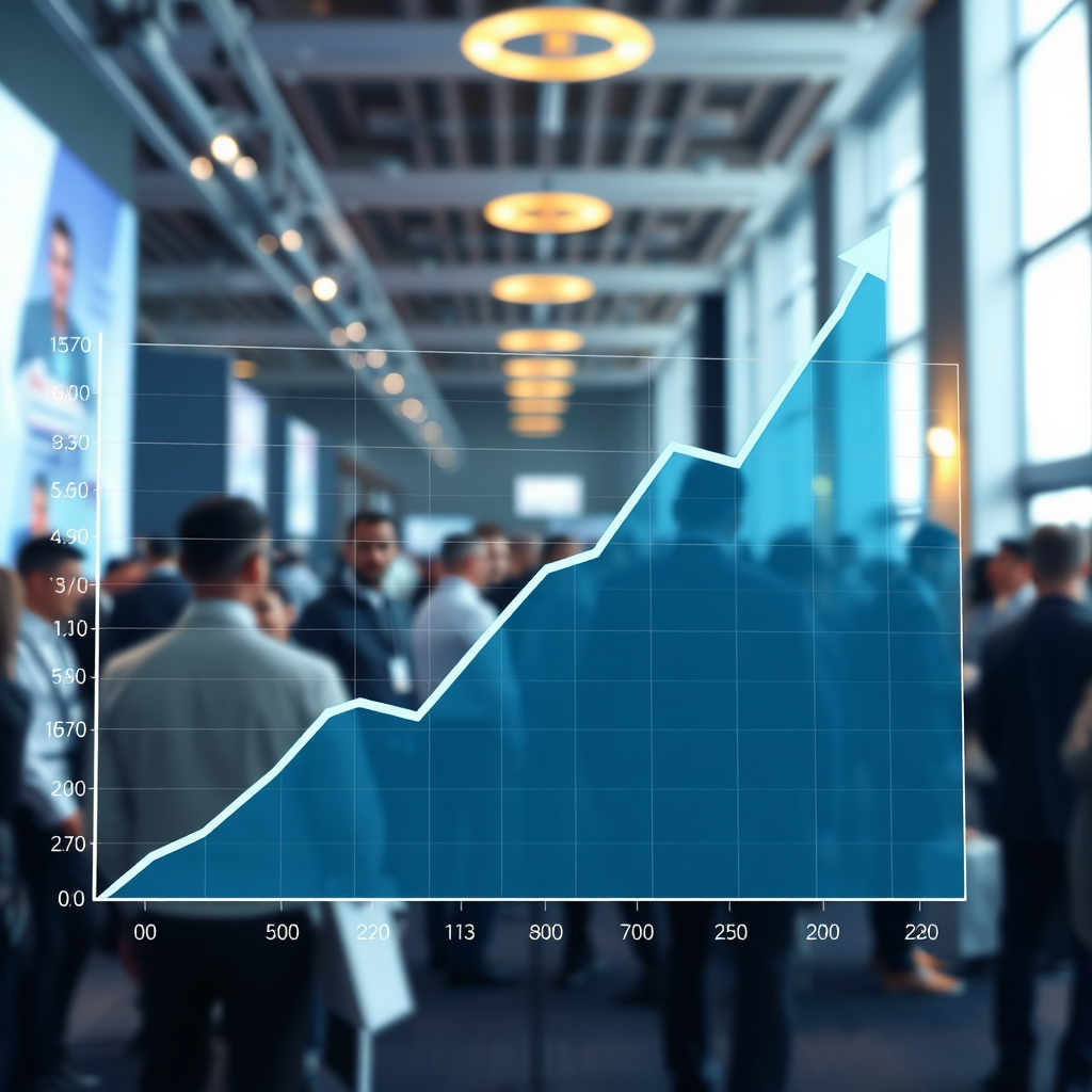 A photorealistic image of a graph showcasing increasing ROI, with attendees networking in the background. The lighting highlights the positive trend. The angle is medium, showing the graph and activity. Style: Professional, data-driven. Technical specs: 4K resolution, professional graph.