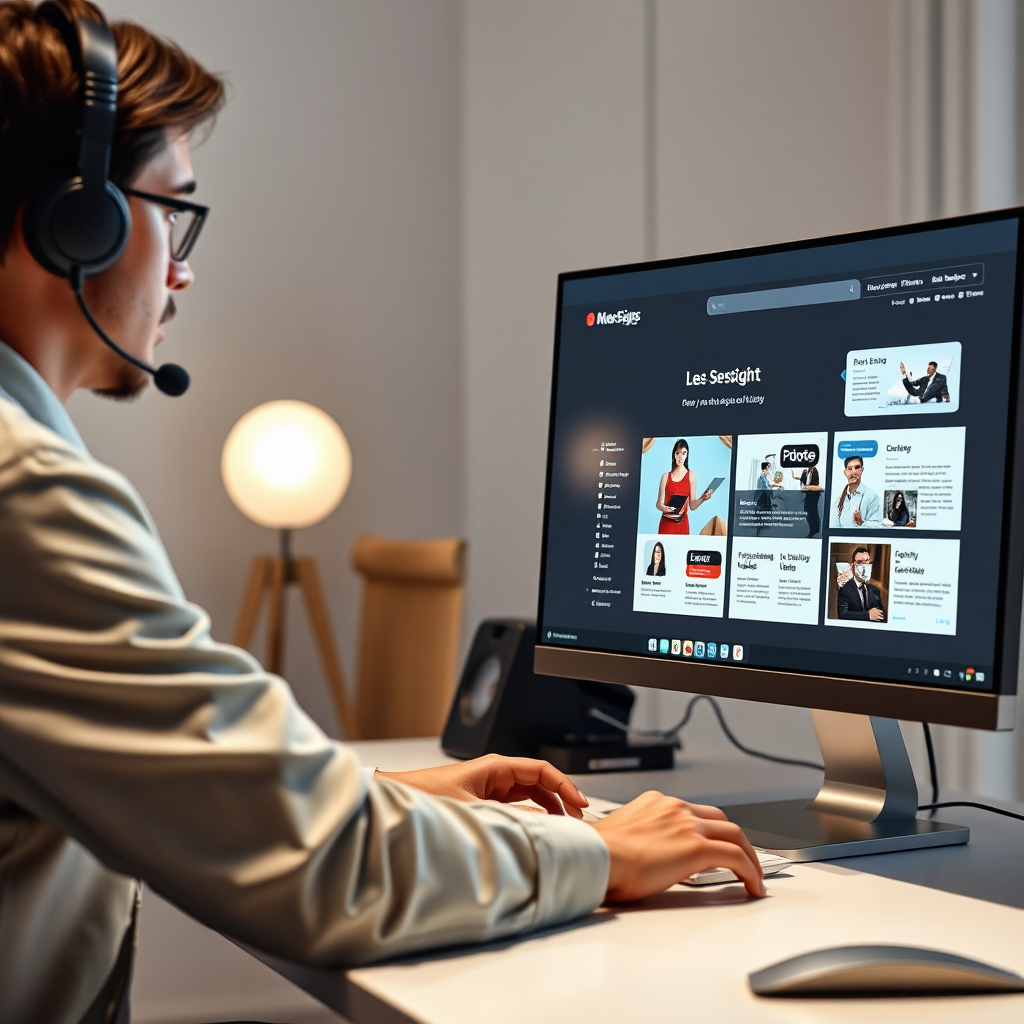 A photorealistic image showcasing a designer working on a visually appealing website layout on a large monitor. The design should be modern and professional, with a focus on user experience. Soft, diffused lighting enhances the visual appeal.