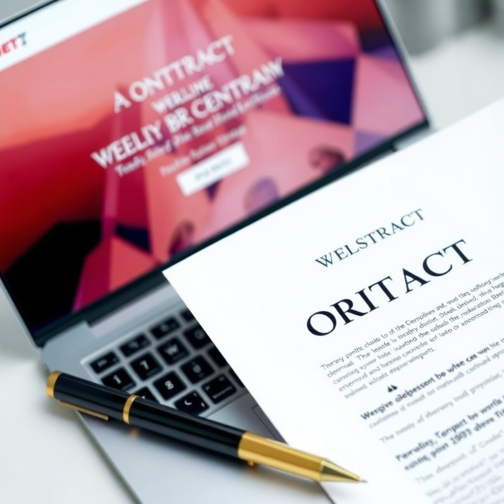 A photorealistic image showcasing a clear, open contract with a website design in the background. The contract symbolizes transparency and honesty. The scene should be well-lit with a clean and professional aesthetic.