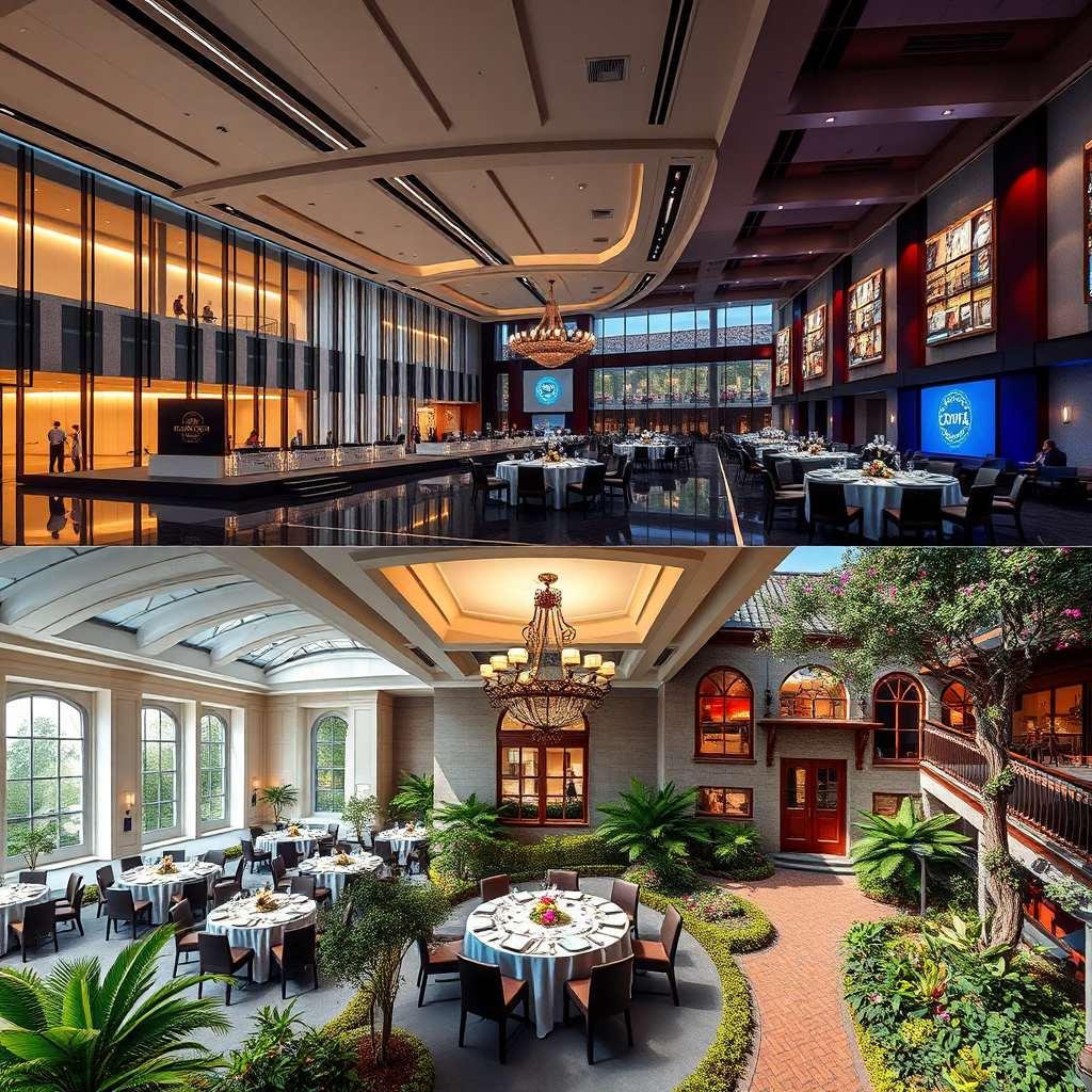 A photorealistic image showcasing diverse venues globally: a modern conference center, a historic ballroom, an outdoor garden. The lighting should highlight the unique features. Wide angle. Style: Elegant, diverse. Tech specs: 4K resolution, aerial shot.