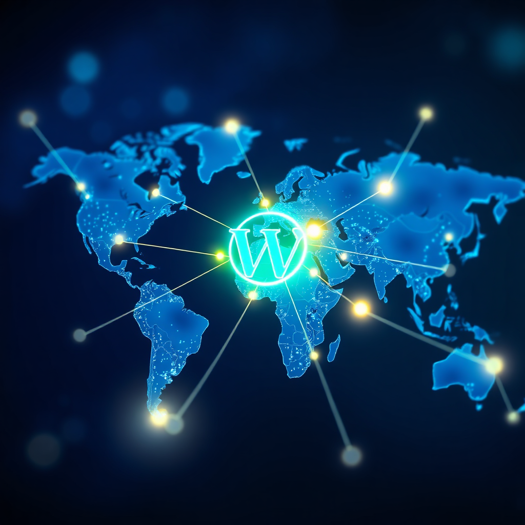 A photorealistic image showcasing a world map with glowing connections emanating from a website icon. The connections represent global reach and interconnectedness. Use a vibrant color palette with blues and greens to symbolize the world.
