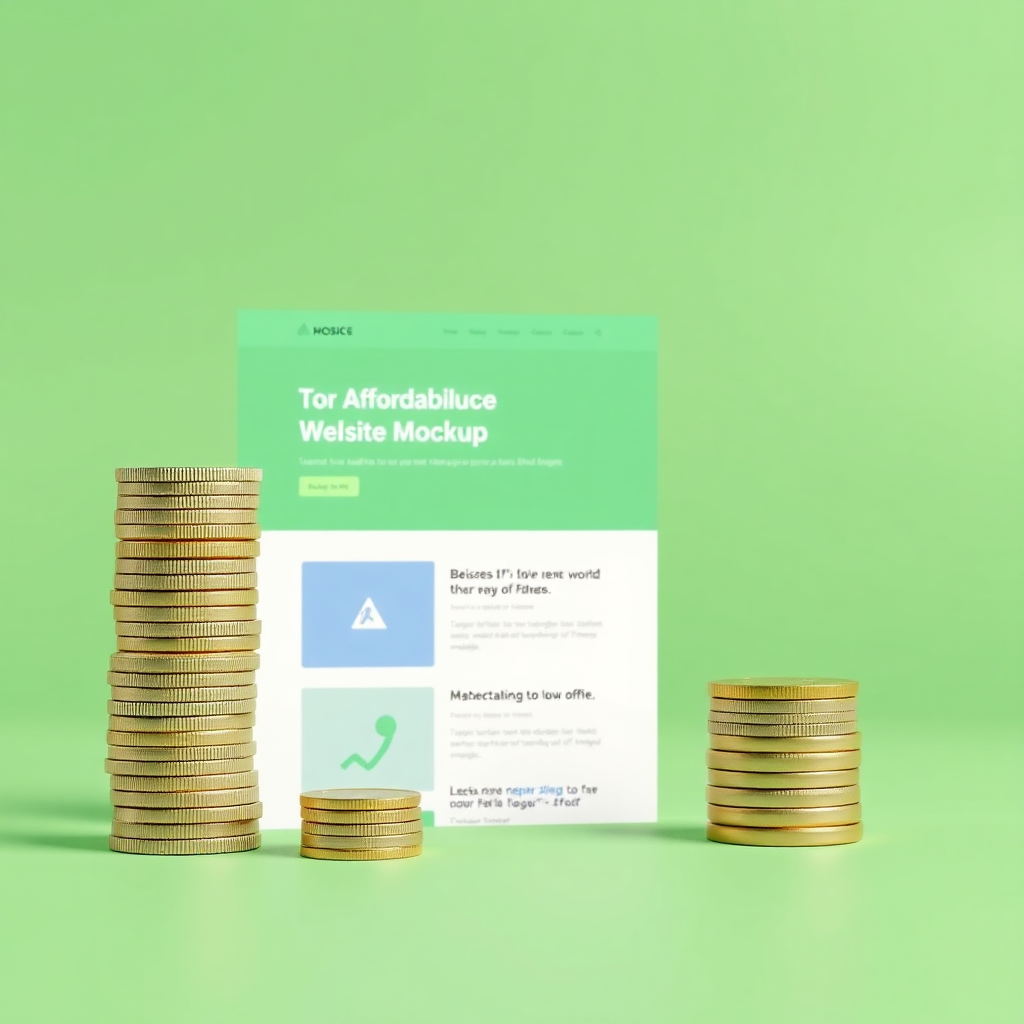 A photorealistic image showcasing a website mockup alongside a stack of coins. The coins symbolize affordability, while the website mockup represents the value being offered. Use a color palette that combines financial greens with trustworthy blues.