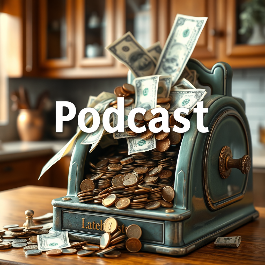 A playful visual of coins and dollar bills overflowing from a vintage kitchen cash register, symbolizing the financial rewards of a successful podcast. The backdrop is a warmly lit kitchen scene.