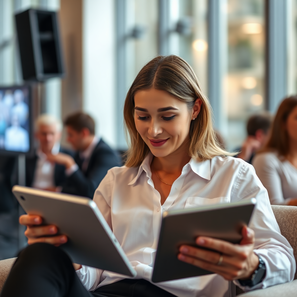 A relaxed event planner looking at a tablet. The lighting should be soft and focused. Style: Modern, peaceful. Angle: Close-up. Technical specs: 4k, great focus.