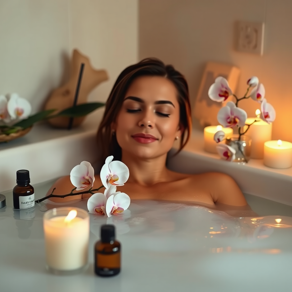 A serene spa scene with soft lighting and natural elements. A woman relaxes in a luxurious bath surrounded by candles, orchids, and essential oils. The lighting is soft and diffused, creating a sense of calm and relaxation. The color palette is muted and earthy, reflecting the natural environment. The camera angle is a close-up, focusing on the details that create a sense of tranquility.