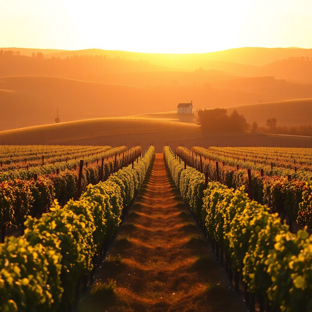 A serene vineyard landscape bathed in the golden light of sunset. Rows of grapevines stretch across rolling hills, leading to a charming winery in the distance. The lighting is warm and inviting, creating a sense of tranquility and peace. The color palette is rich and earthy, reflecting the natural beauty of the vineyard. The camera angle is a wide shot, capturing the scale and grandeur of the landscape.