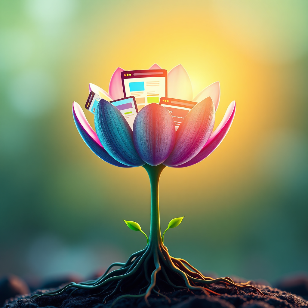 A stylized, 4K image representing the essence of Cmark Websites' mission: creating websites. The scene depicts a blooming digital flower, its petals forming various website layouts and interfaces. The flower is bathed in warm, inviting light, symbolizing growth and potential. Roots beneath the flower represent the solid foundation of code and design that Cmark Websites provides. Use a vibrant color palette, with hues of green, blue, and purple dominating. The background is a soft, blurred gradient, representing the limitless possibilities of the internet. The image should have a clean, modern feel, with subtle textures and intricate details in the flower's petals. The camera angle is a close-up, emphasizing the flower's beauty and complexity. This should visually communicate the concept of 'creating websites' as a flourishing and dynamic process. Style should be vibrant and optimistic.