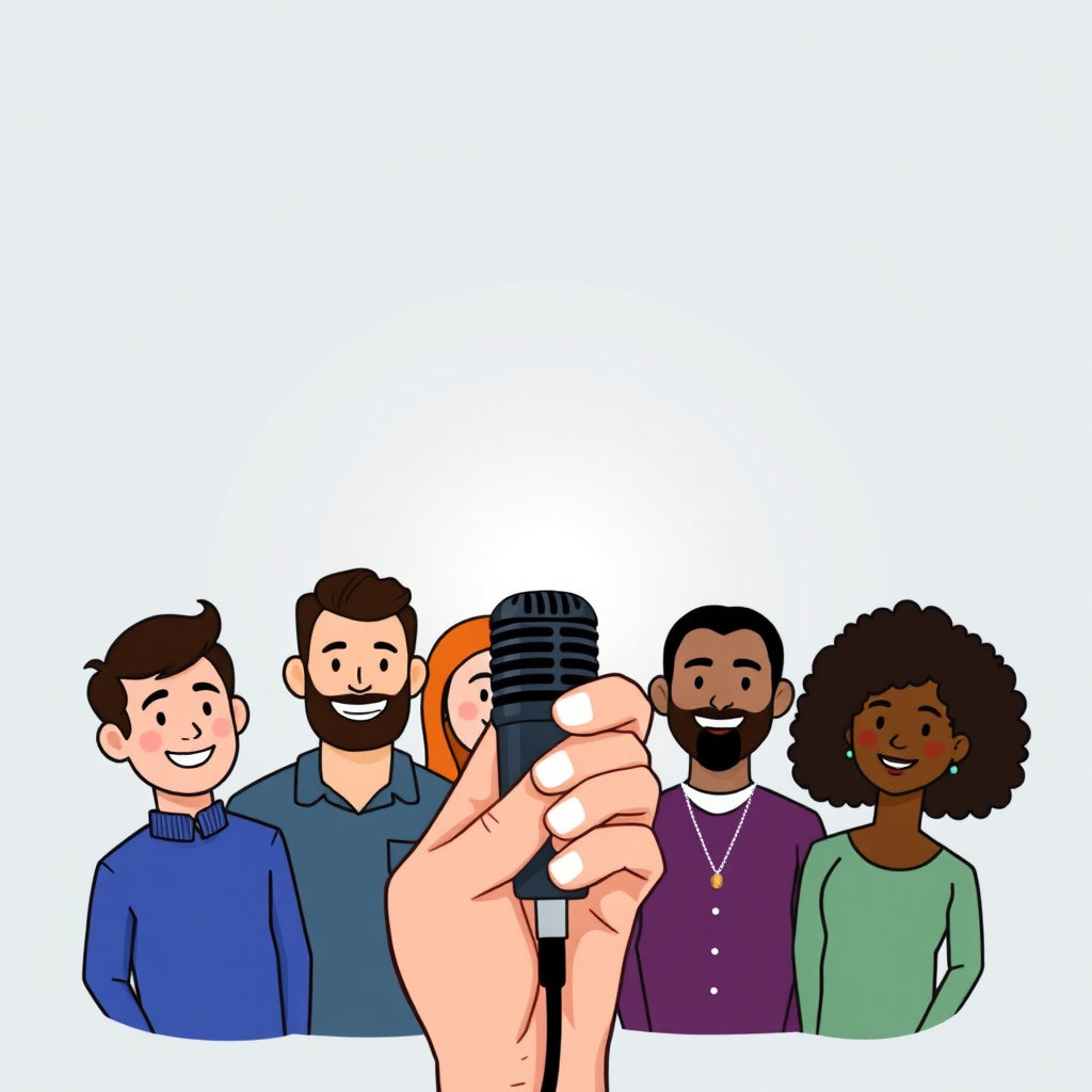 A stylized illustration depicting a hand gently holding a microphone, as if offering it to a diverse group of smiling cartoon figures, representing podcast guests. The scene exudes friendliness and inclusivity.