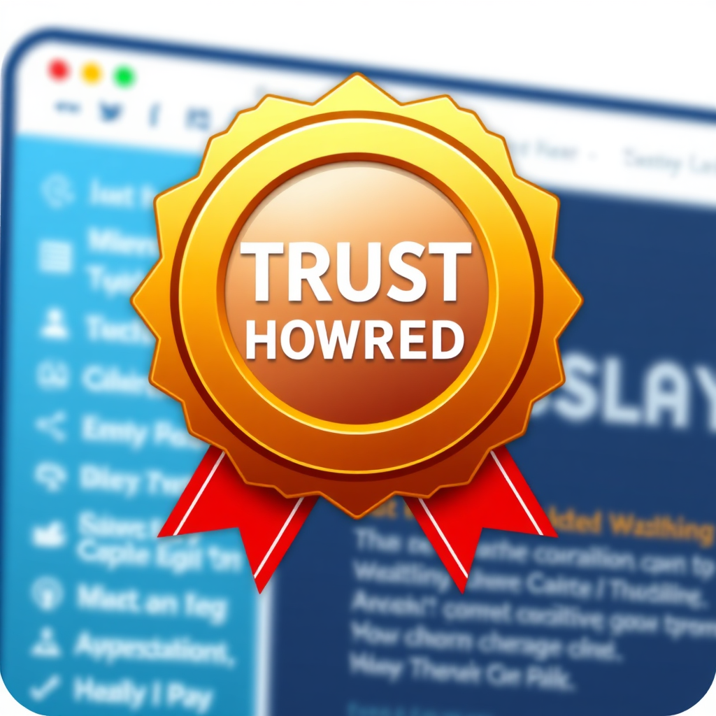 A stylized image depicting a website interface with a badge of honor on it. The badge represents trust and credibility, while the website interface represents the business. A professional and clean aesthetic is necessary.