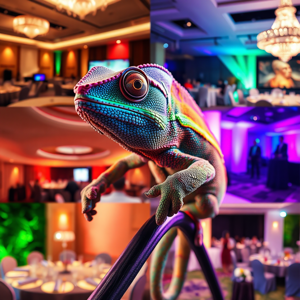 A stylized image of a chameleon seamlessly blending into various event settings (conference room, gala, outdoor venue). The chameleon represents adaptability and customization. The lighting should be dynamic, shifting colors to match the different environments. The camera angle is a close-up, highlighting the chameleon's adaptability. Style: modern, abstract, vibrant. Technical specs: 4K resolution, high quality, dynamic lighting.