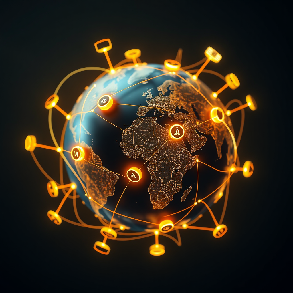 A stylized image of a globe with interconnected points representing different cities and cultures. Each point is connected by glowing lines, symbolizing global reach. The globe is surrounded by local cultural symbols. The lighting is soft and warm, highlighting the connections. The camera angle is a wide shot, capturing the entire globe. Style: global, cultural, interconnected. Technical specs: 4K resolution, high quality, glowing lines.