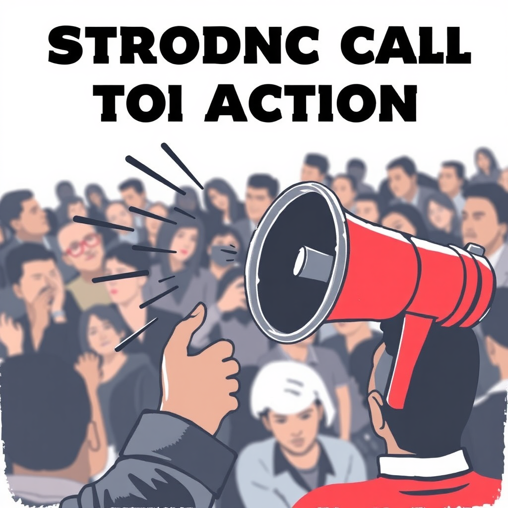 A stylized image of a megaphone broadcasting a message to a crowd of engaged listeners, symbolizing the impact of a strong call to action.