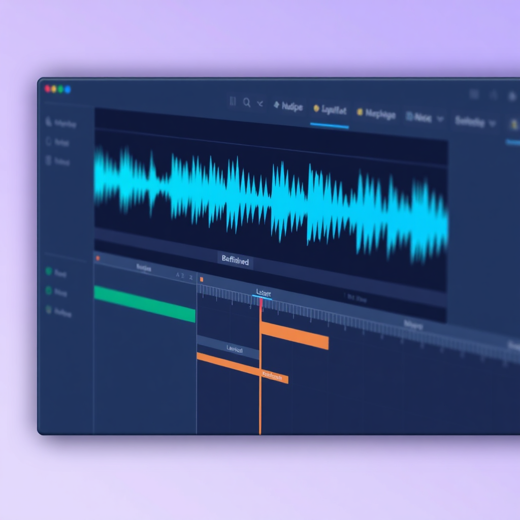 A stylized image of editing software interface, highlighting audio waveforms being refined and enhanced. The color scheme is professional and tech-focused.