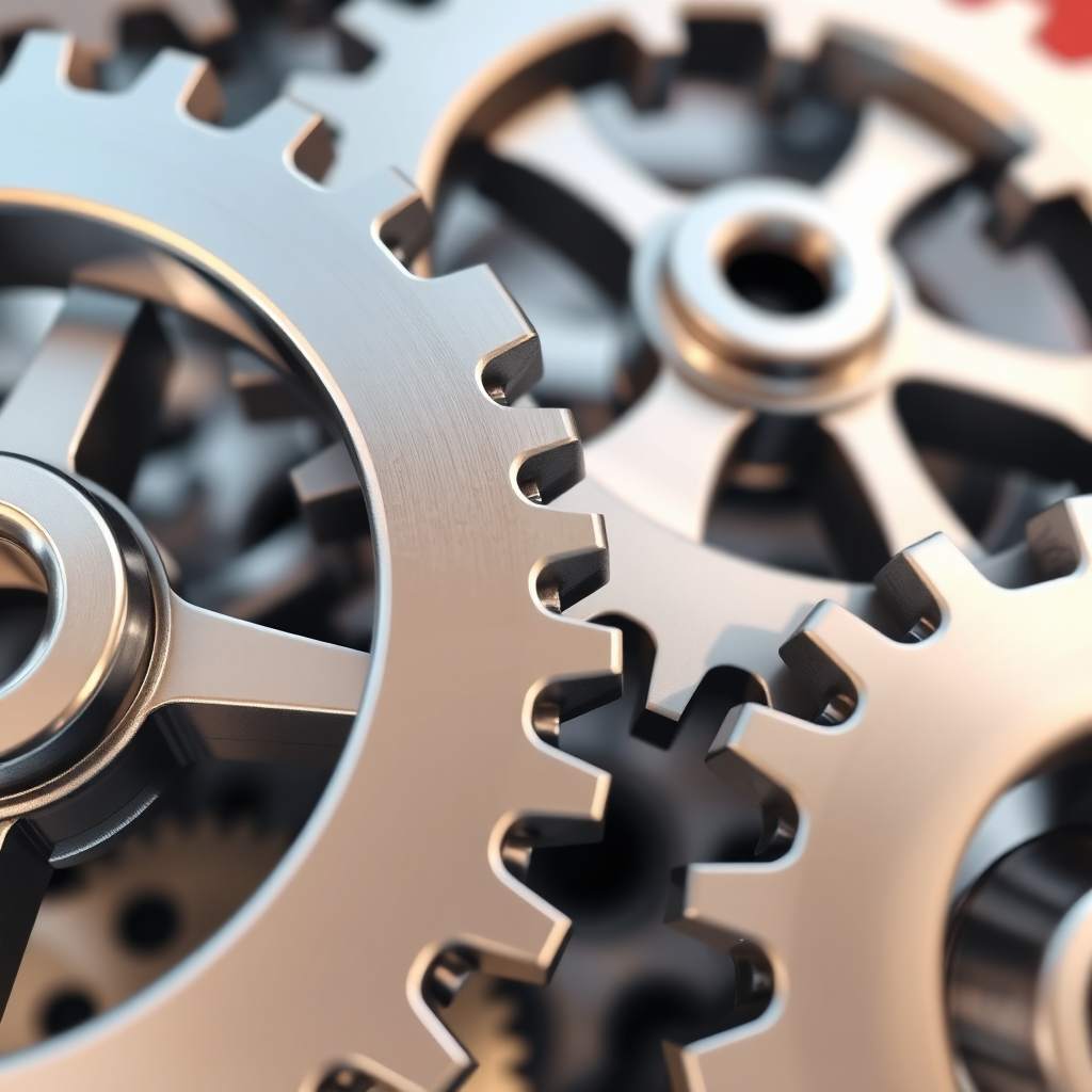 A stylized image of gears interlocking seamlessly, representing the different aspects of event logistics (transportation, catering, accommodation) working together in perfect harmony. The gears should be metallic and polished, with soft lighting to highlight their intricate details. The camera angle is a close-up, emphasizing the interlocking mechanism. Style: modern, abstract, technical. Technical specs: 4K resolution, high quality, metallic textures.