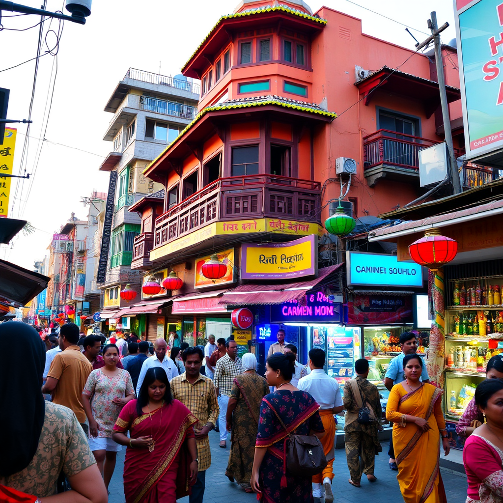 A vibrant and bustling street scene in a foreign city. People are dressed in traditional clothing, and the architecture is unique and exotic. The lighting is bright and energetic, capturing the vibrancy of the city. The color palette is rich and diverse, reflecting the cultural diversity of the location. The camera angle is a wide shot, capturing the energy and excitement of the scene.