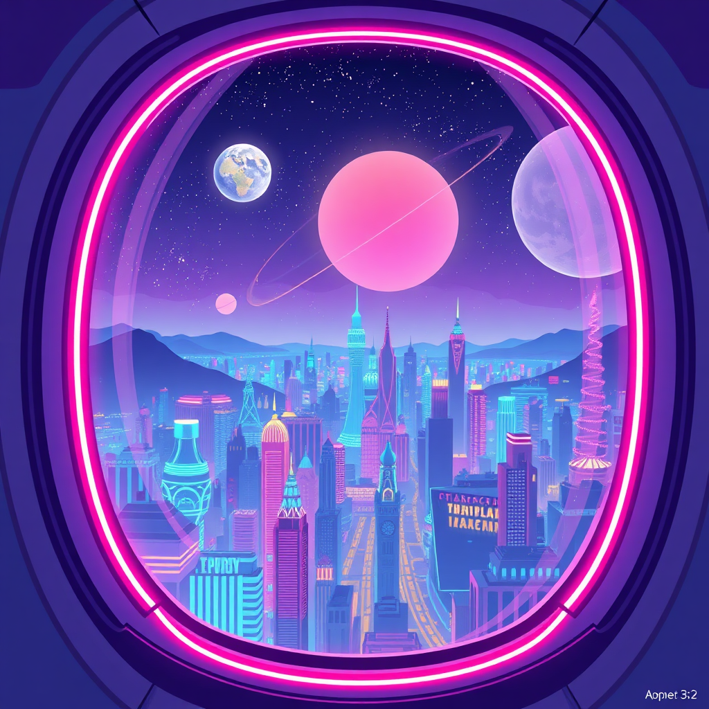 Futuristic cityscape viewed from a spaceship window.